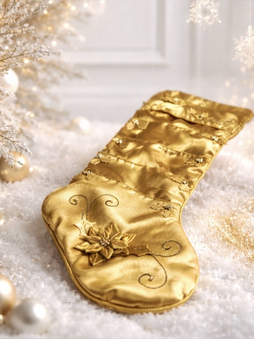 Gold Holiday Stocking with Floral Embroidery